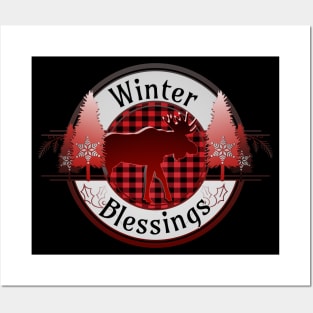 Winter Blessings Plaid Moose Badge Posters and Art